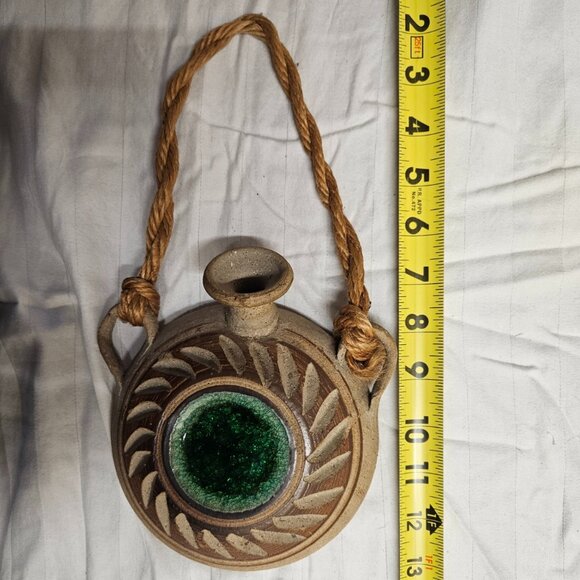 Wall Pocket Canteen Vase Stoneware w/Crackle Glass Art Pottery Hanging Decor - Picture 10 of 12